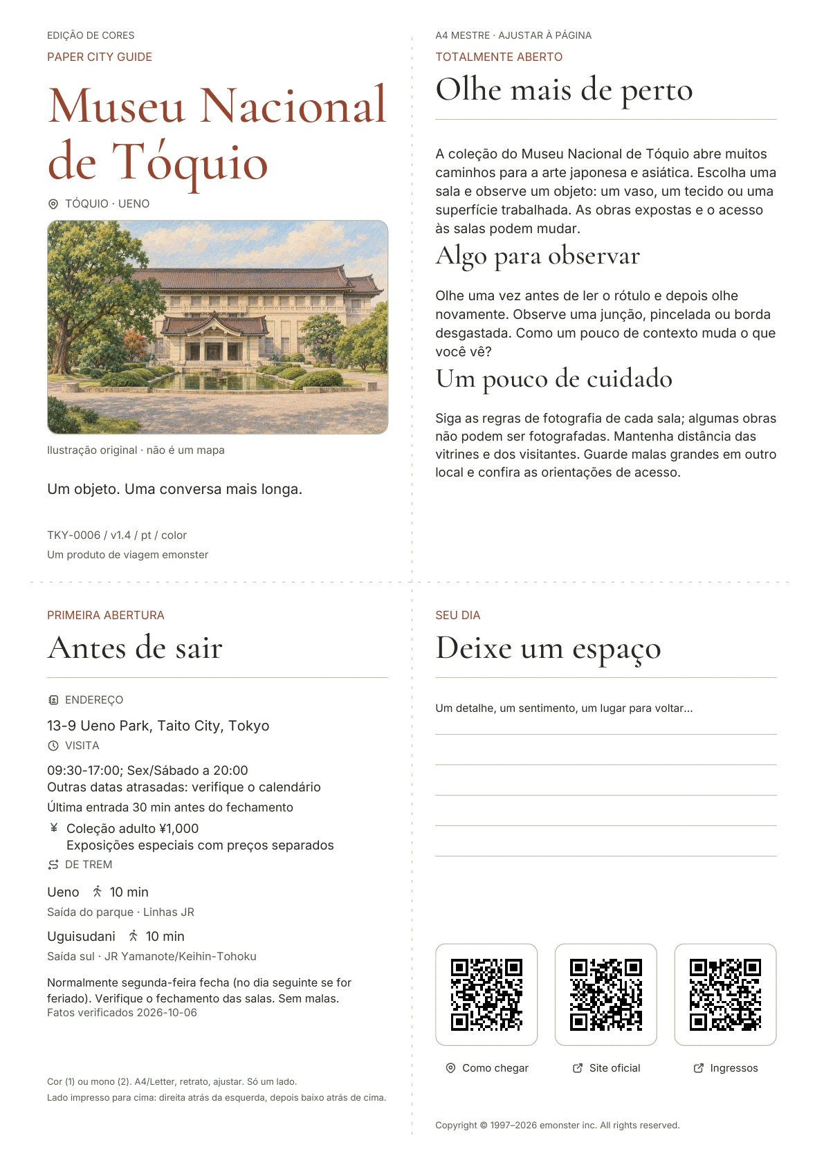 Guia A4 real do Museu Nacional de Tóquio, Edição colorida, com capa, informações para o visitante, observações, links QR e espaço para escrita