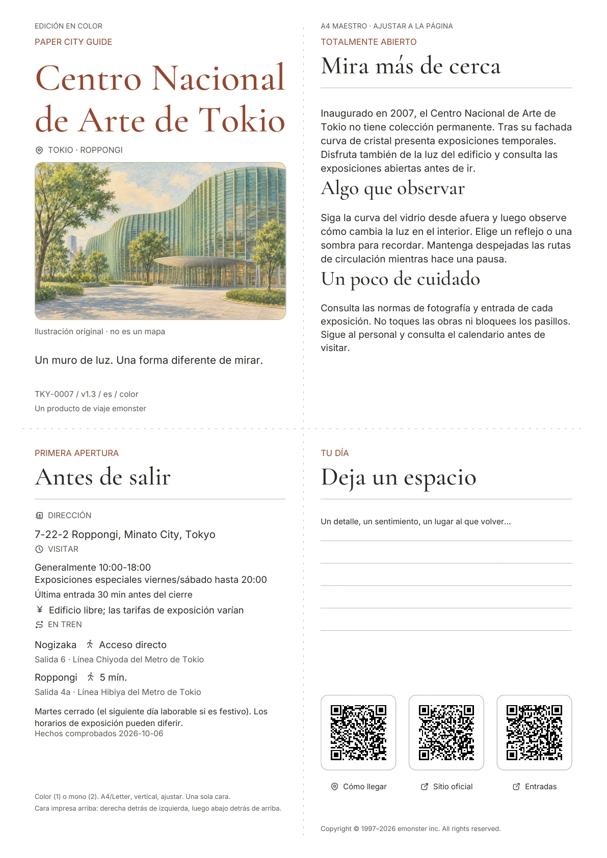 Actual A4 El Centro Nacional de Arte, guía de Tokio, Edición en color, con portada, información para el visitante, observaciones, enlaces QR y espacio para escribir