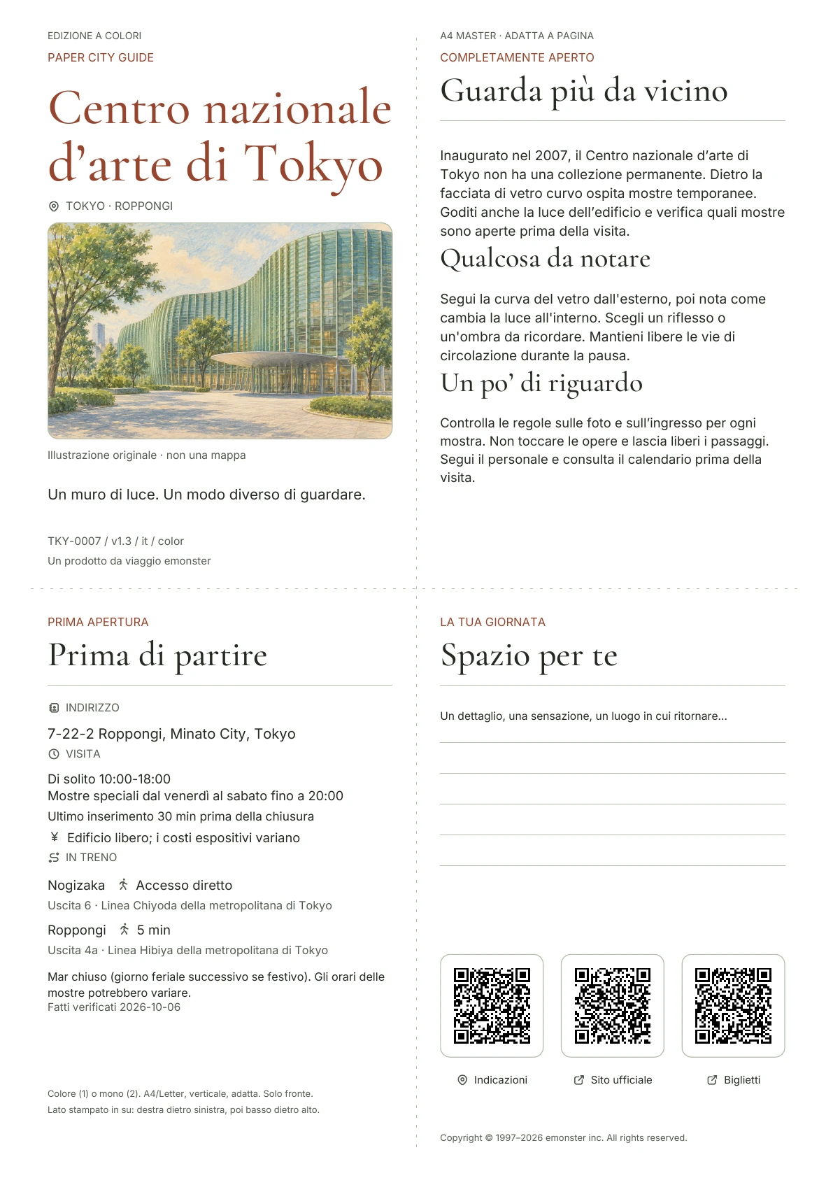 Attuale A4 Guida del National Art Center, Tokyo, Edizione a colori, con copertina, informazioni sui visitatori, osservazioni, collegamenti QR e spazio per scrivere