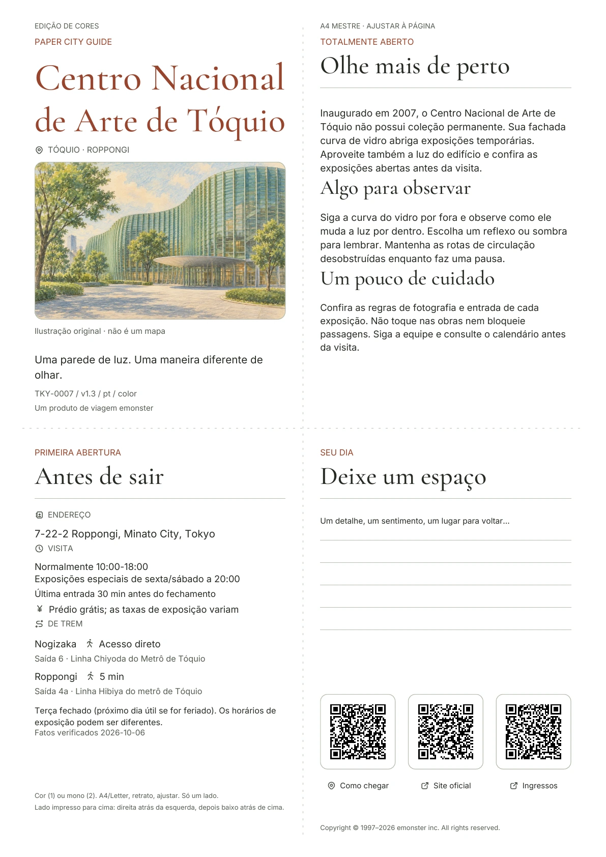 Actual A4 The National Art Center, guia de Tóquio, Edição colorida, com capa, informações para visitantes, observações, links QR e espaço para escrita