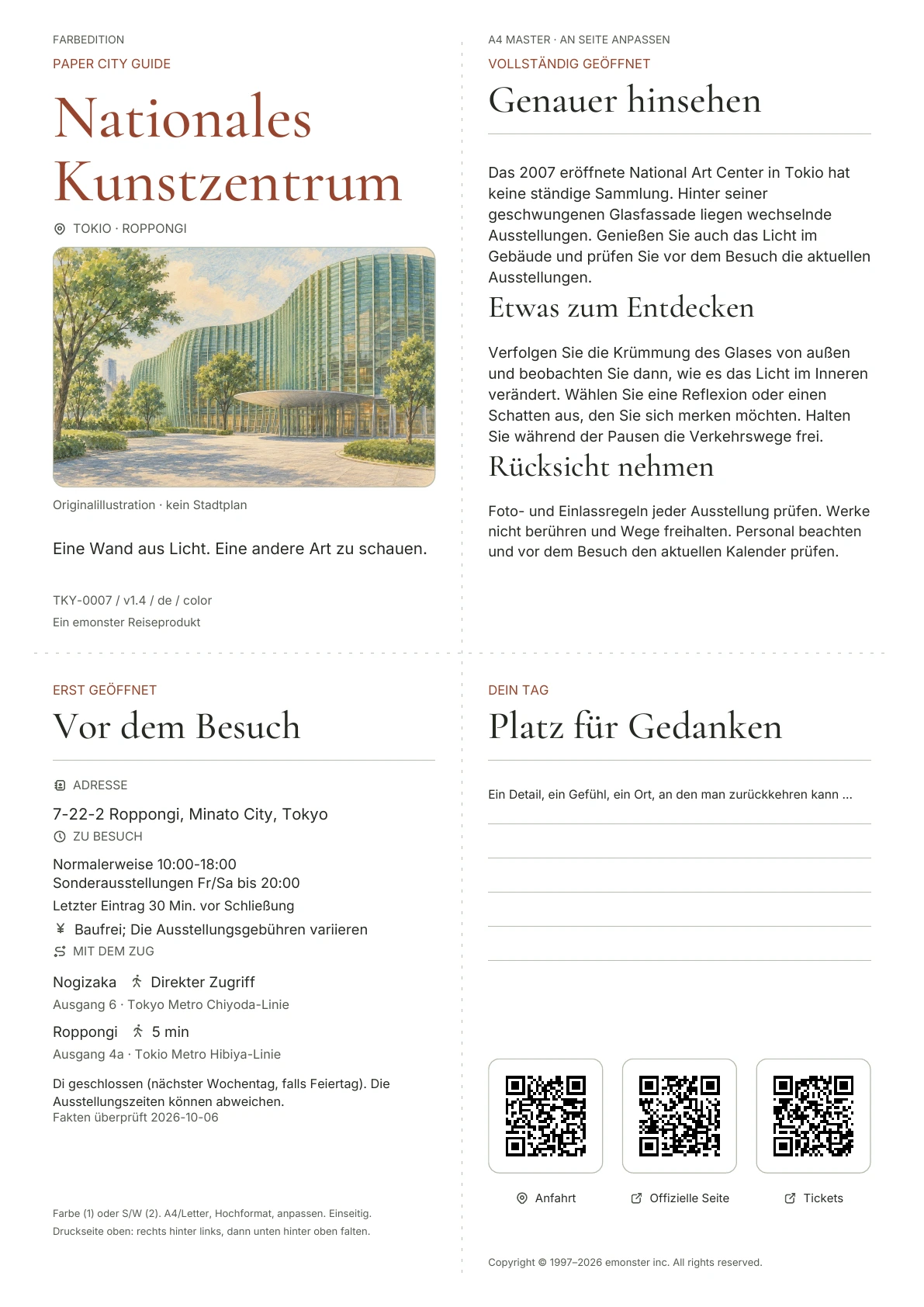 Aktueller A4 The National Art Center, Tokyo-Führer, Farbausgabe, mit Umschlag, Besucherinformationen, Beobachtungen, QR Links und Platz zum Schreiben