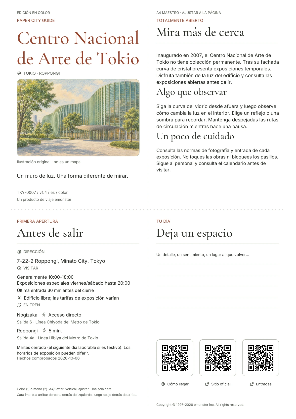 Actual A4 El Centro Nacional de Arte, guía de Tokio, Edición en color, con portada, información para el visitante, observaciones, enlaces QR y espacio para escribir