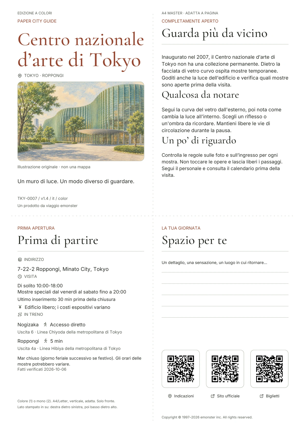 Attuale A4 Guida del National Art Center, Tokyo, Edizione a colori, con copertina, informazioni sui visitatori, osservazioni, collegamenti QR e spazio per scrivere