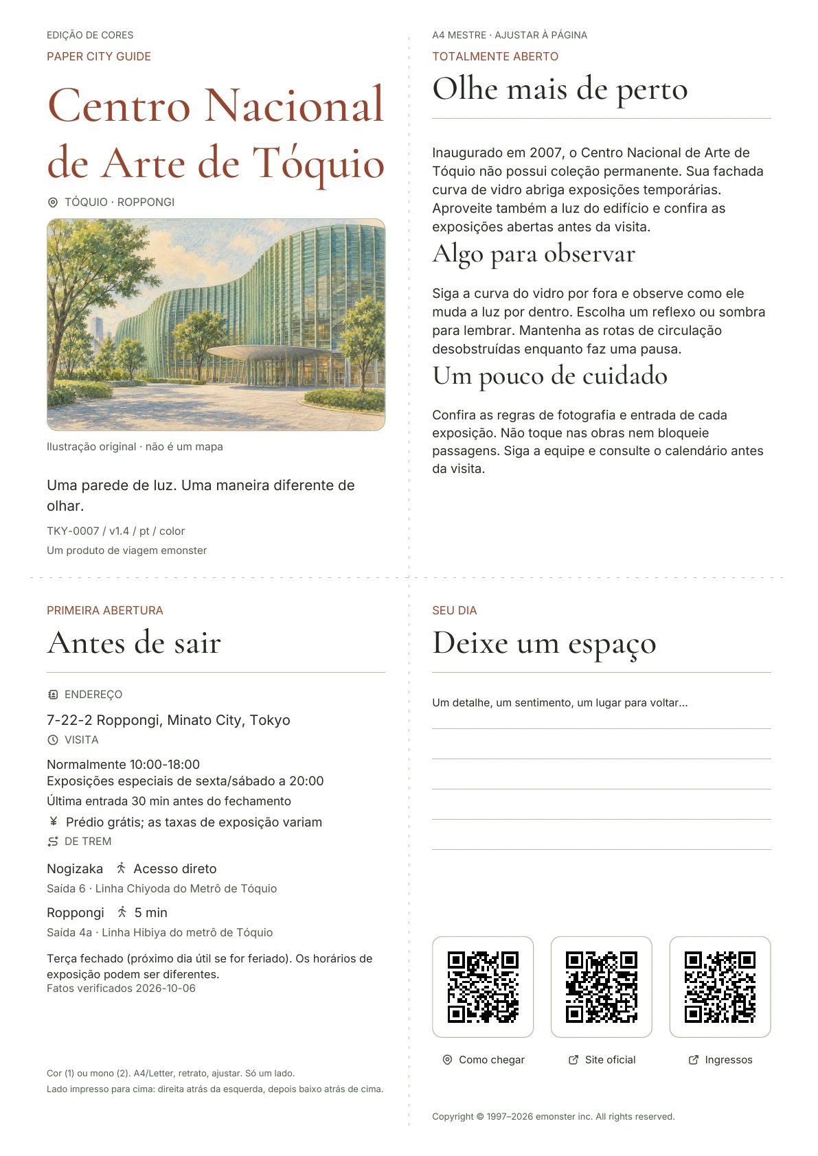 Actual A4 The National Art Center, guia de Tóquio, Edição colorida, com capa, informações para visitantes, observações, links QR e espaço para escrita
