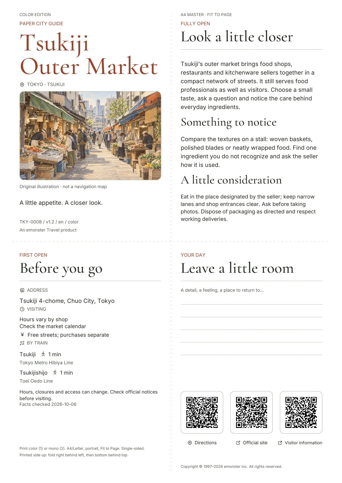 Actual A4 Tsukiji Outer Market guide, Color edition, with cover, visitor information, observations, QR links and writing space