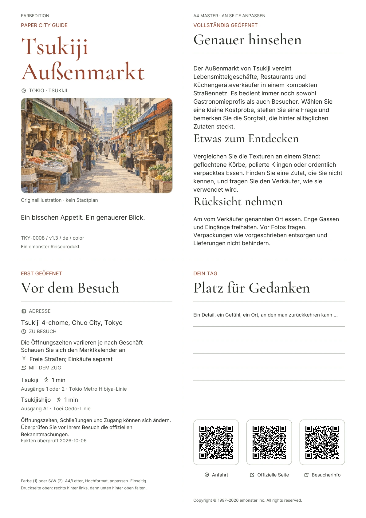 Aktueller A4 Tsukiji Outer Market Guide, Farbausgabe, mit Umschlag, Besucherinformationen, Beobachtungen, QR Links und Platz zum Schreiben