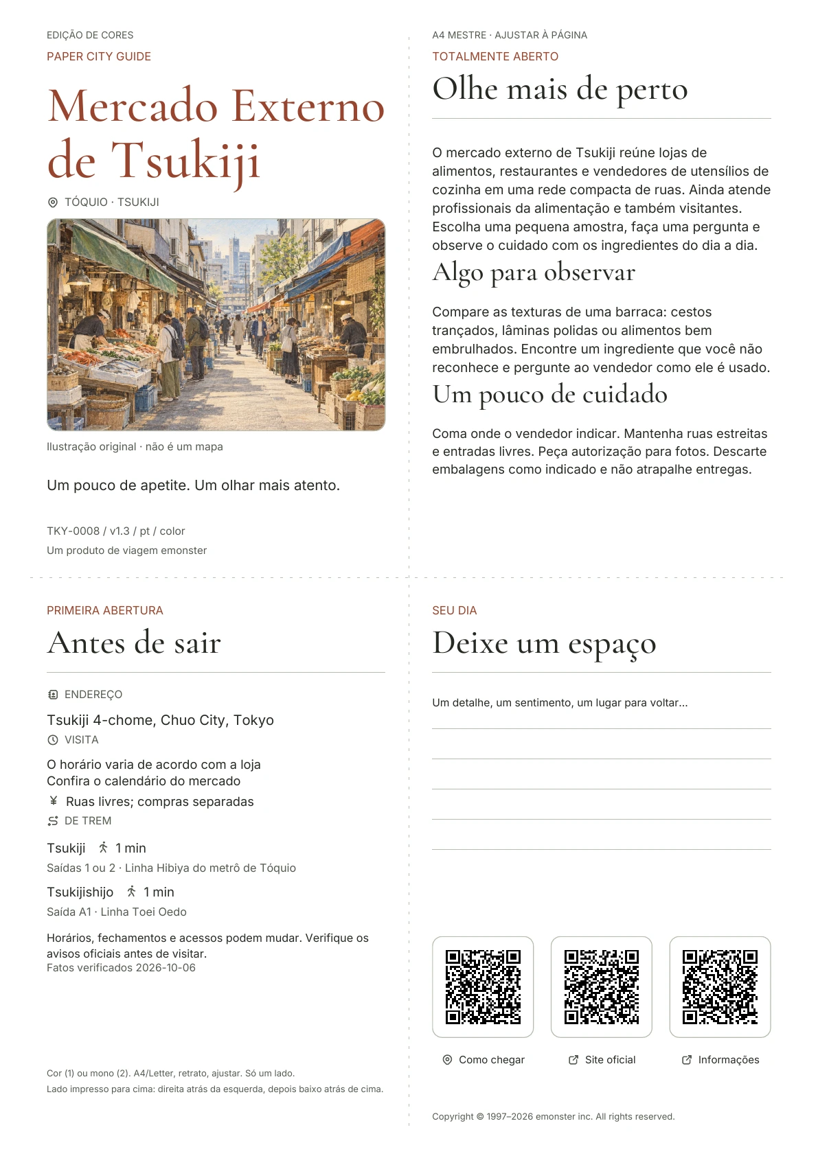 Guia real do mercado externo A4 Tsukiji, Edição colorida, com capa, informações ao visitante, observações, links QR e espaço para escrita