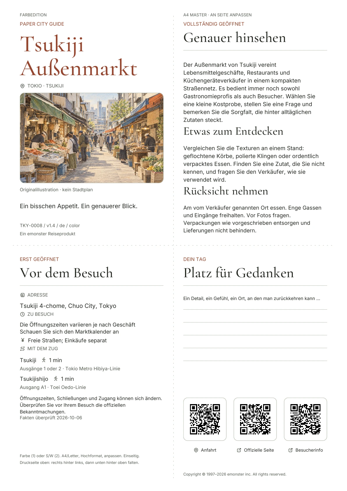 Aktueller A4 Tsukiji Outer Market Guide, Farbausgabe, mit Umschlag, Besucherinformationen, Beobachtungen, QR Links und Platz zum Schreiben