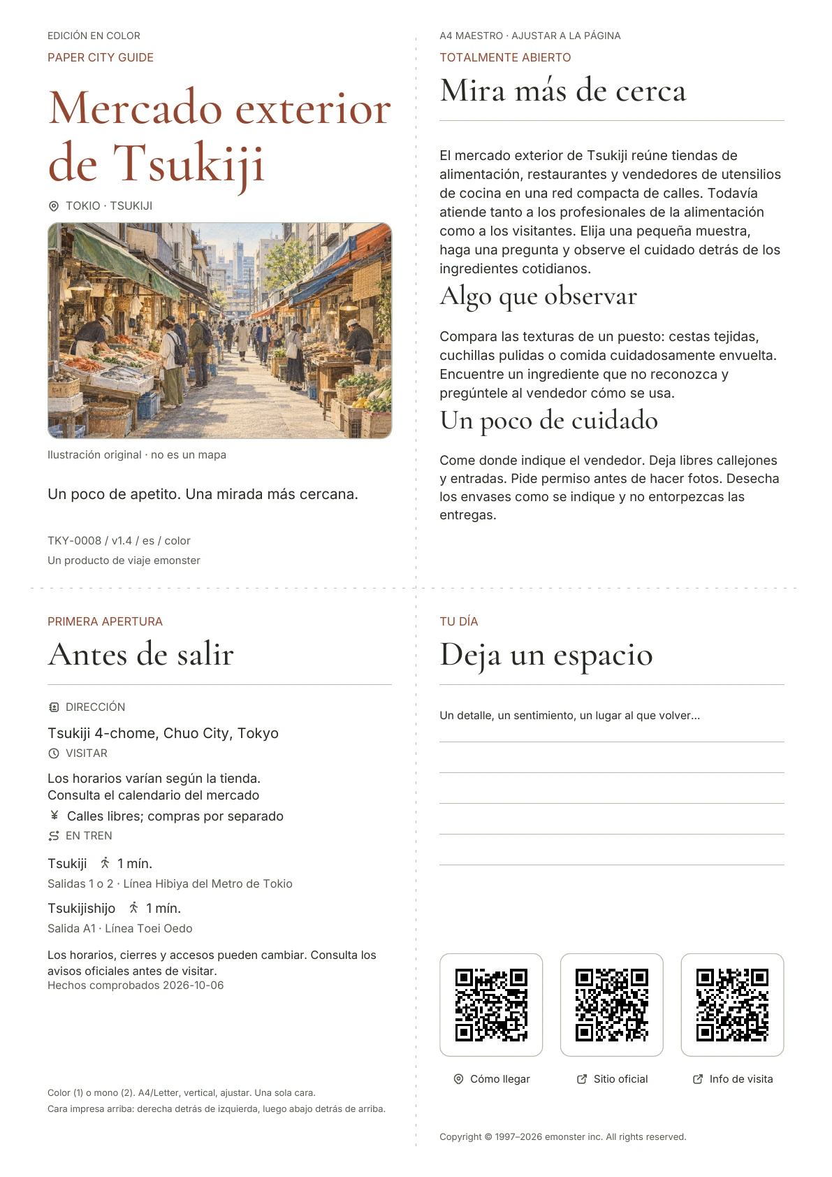 Guía actual del mercado exterior de Tsukiji A4, Edición en color, con portada, información para visitantes, observaciones, enlaces QR y espacio para escribir