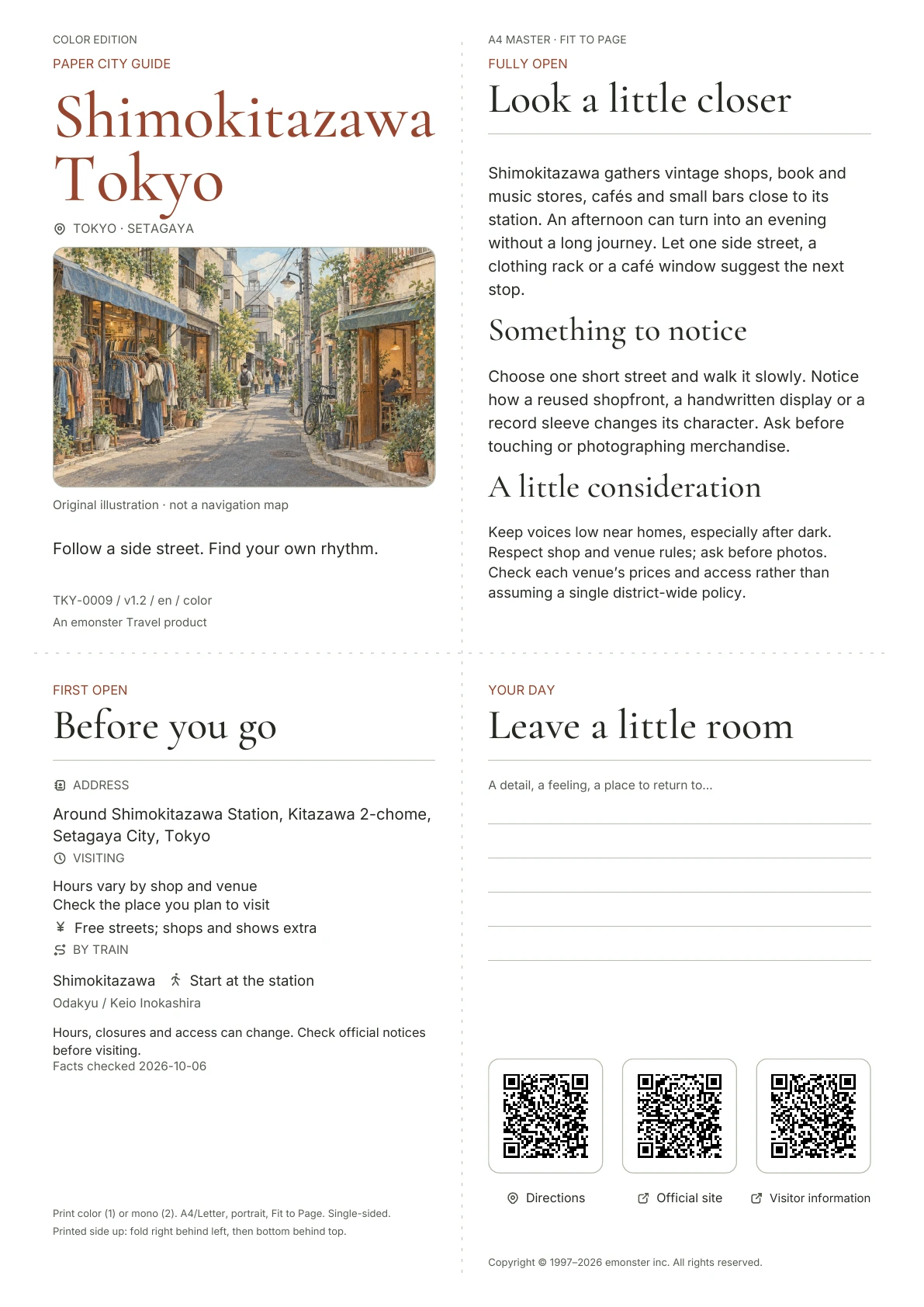Actual A4 Shimokitazawa guide, Color edition, with cover, visitor information, observations, QR links and writing space