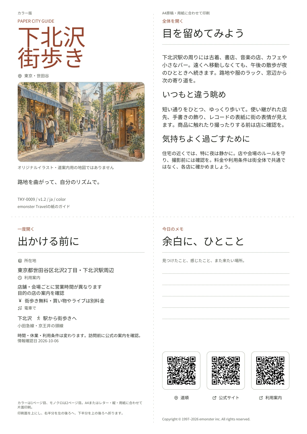 下北沢の実際のA4ガイド（カラー版）。表紙、利用案内、観察のヒント、QRリンクとメモ欄。