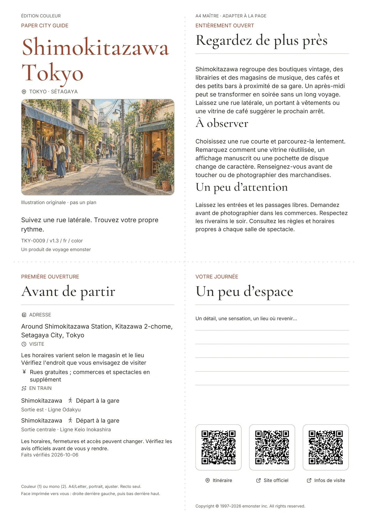 Guide A4 Shimokitazawa actuel, Édition couleur, avec couverture, informations aux visiteurs, observations, liens QR et espace d'écriture