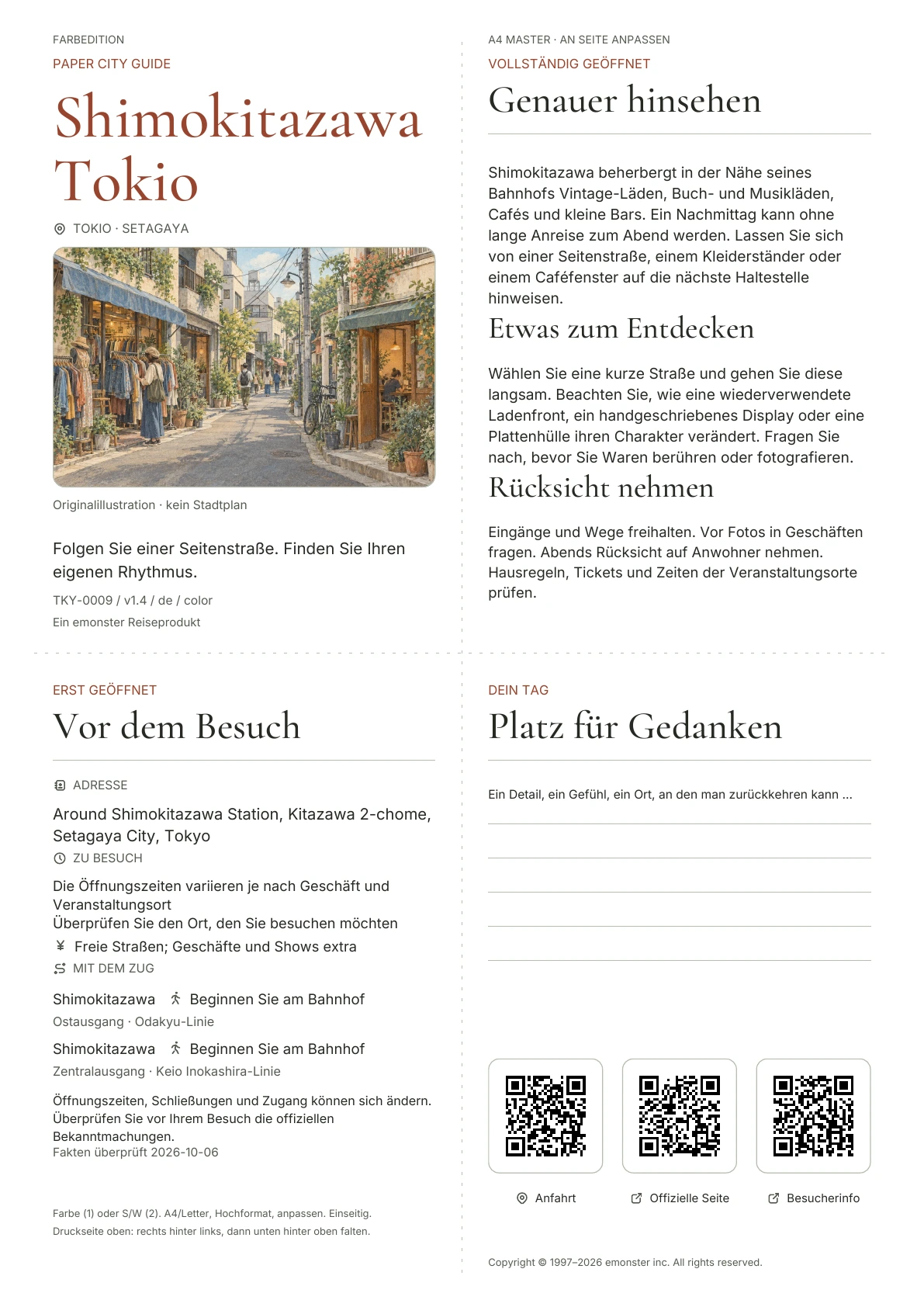 Aktueller A4 Shimokitazawa-Führer, Farbausgabe, mit Umschlag, Besucherinformationen, Beobachtungen, QR Links und Platz zum Schreiben