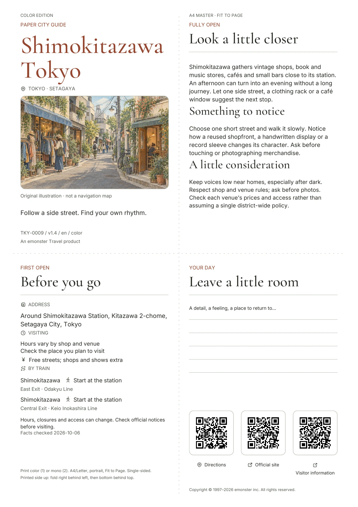 Actual A4 Shimokitazawa guide, Color edition, with cover, visitor information, observations, QR links and writing space