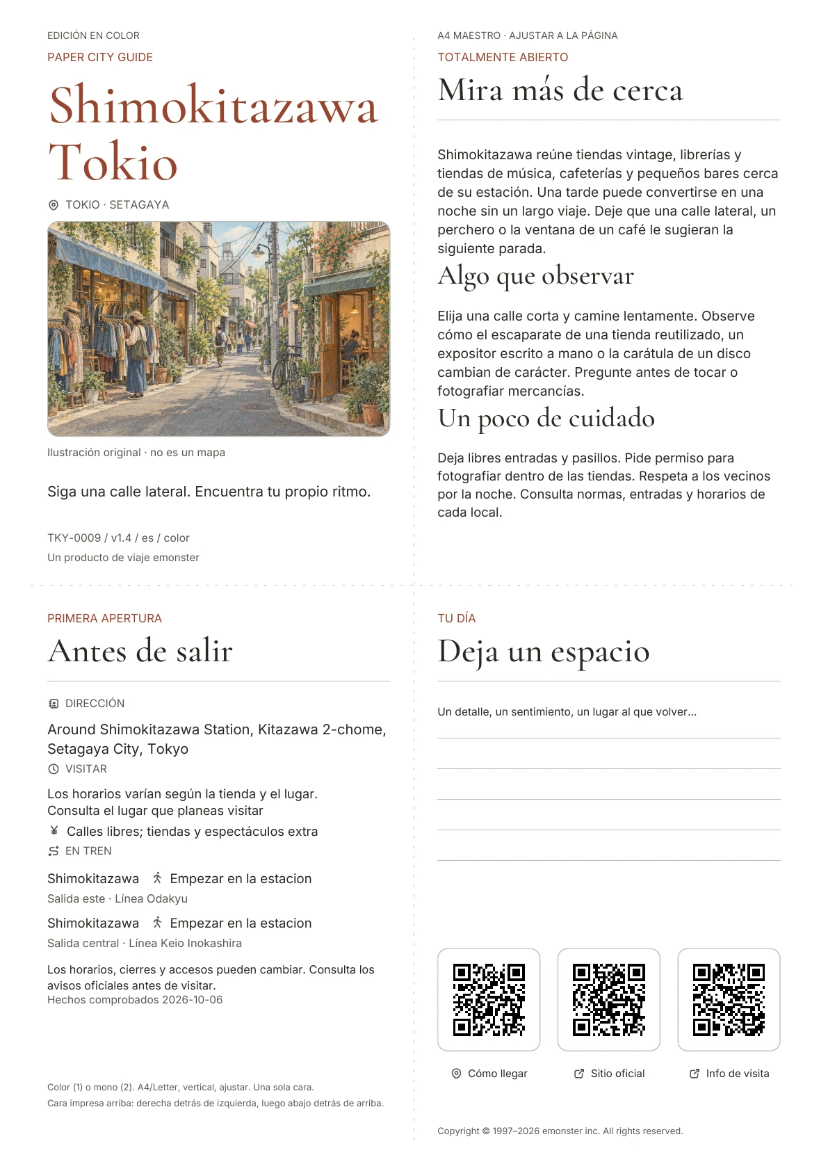 Guía A4 actual de Shimokitazawa, Edición en color, con portada, información para el visitante, observaciones, enlaces QR y espacio para escribir.