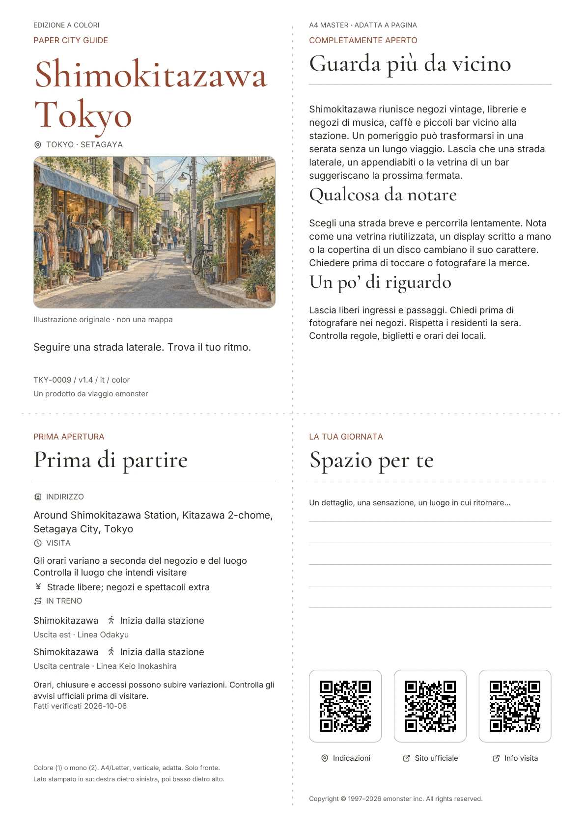 Guida A4 Shimokitazawa effettiva, Edizione a colori, con copertina, informazioni sui visitatori, osservazioni, collegamenti QR e spazio per scrivere