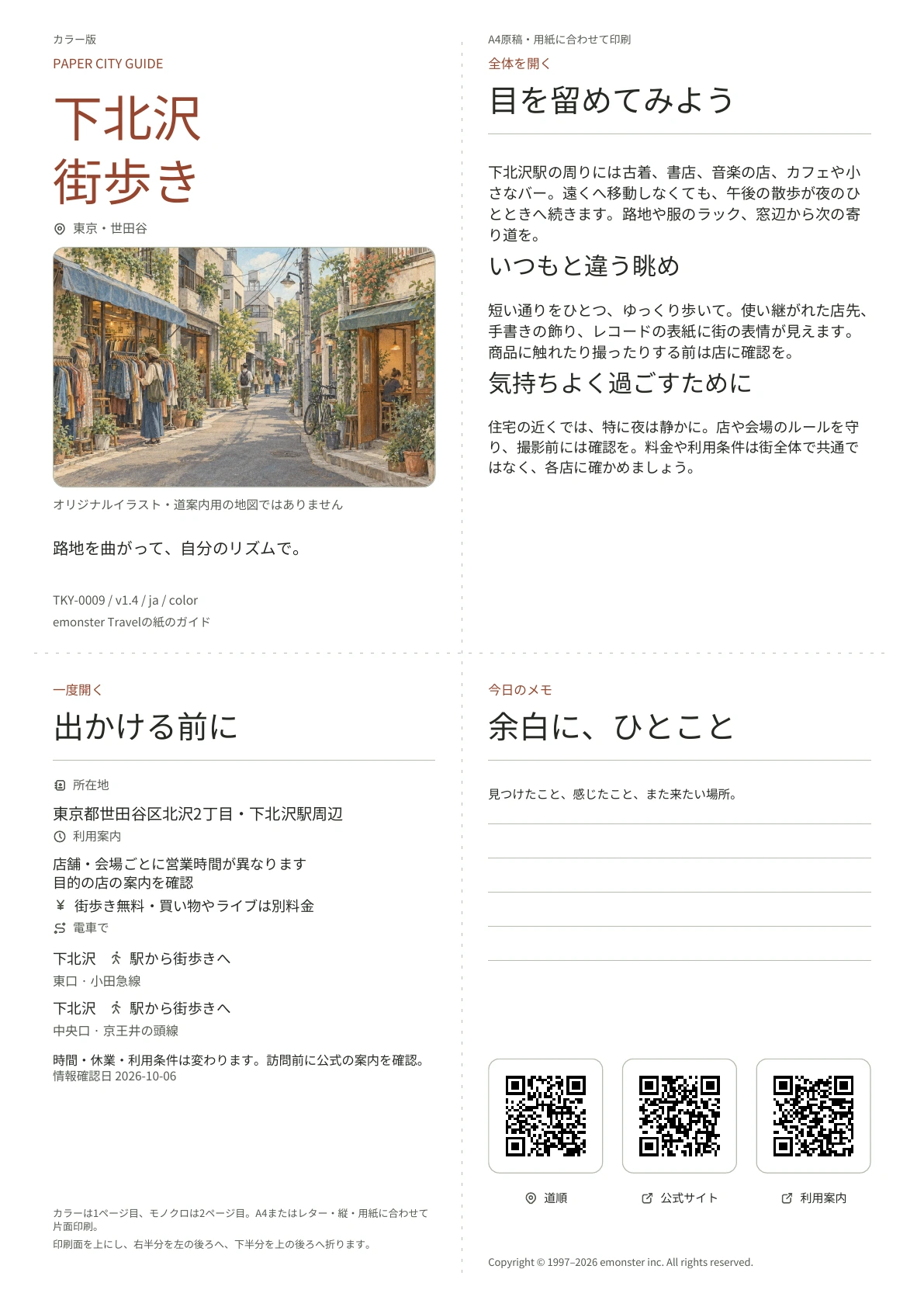 下北沢の実際のA4ガイド（カラー版）。表紙、利用案内、観察のヒント、QRリンクとメモ欄。
