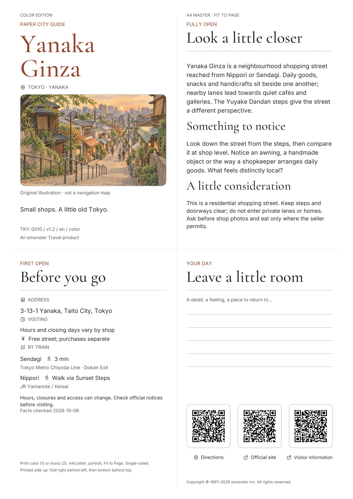 Actual A4 Yanaka Ginza guide, Color edition, with cover, visitor information, observations, QR links and writing space