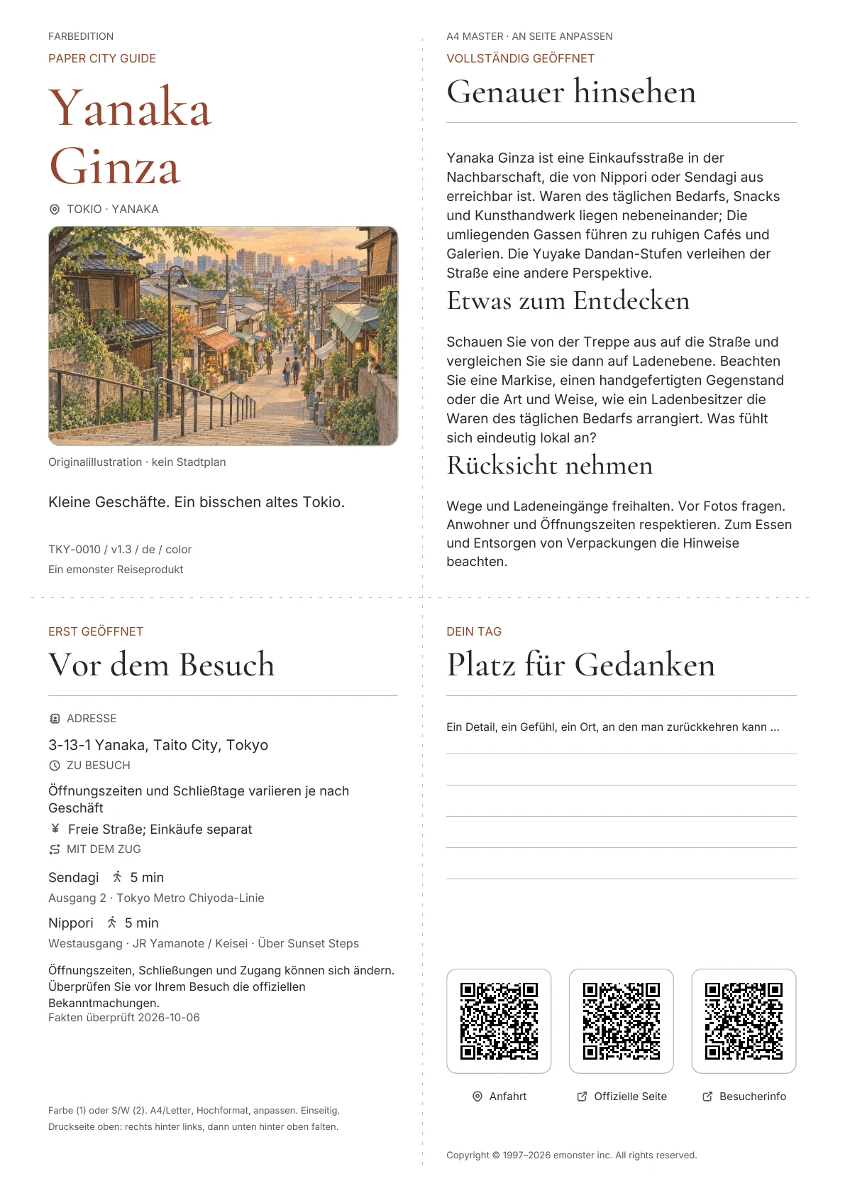 Aktueller A4 Yanaka Ginza-Führer, Farbausgabe, mit Umschlag, Besucherinformationen, Beobachtungen, QR Links und Platz zum Schreiben