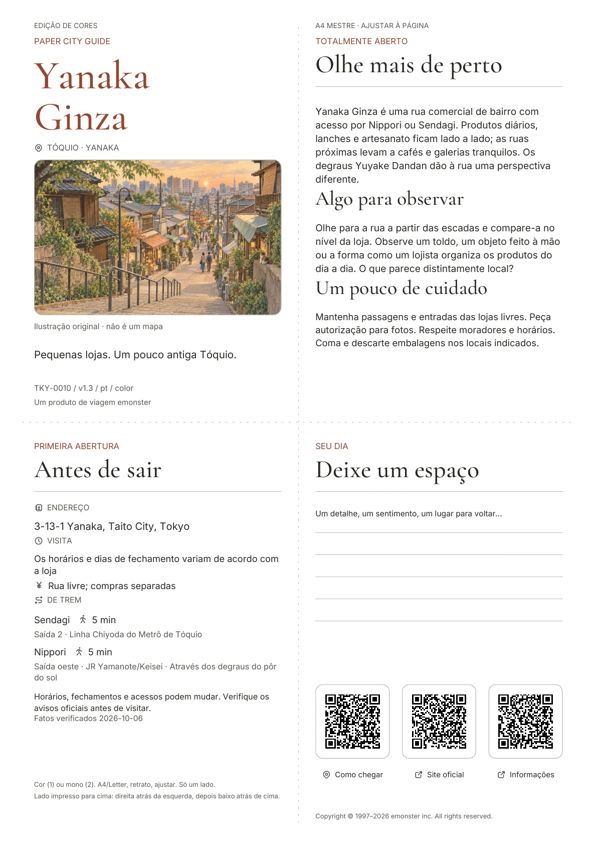 Guia real A4 Yanaka Ginza, Edição colorida, com capa, informações para o visitante, observações, links QR e espaço para escrita