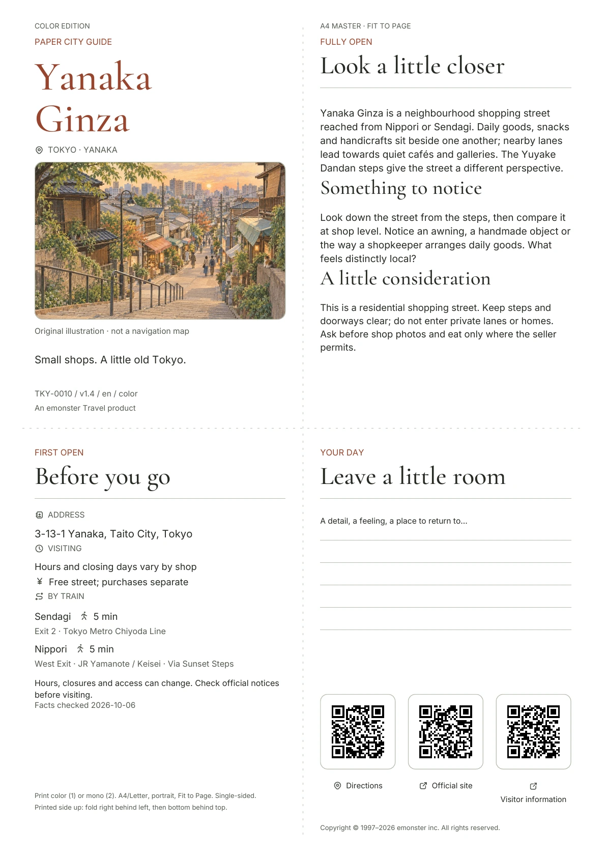 Actual A4 Yanaka Ginza guide, Color edition, with cover, visitor information, observations, QR links and writing space