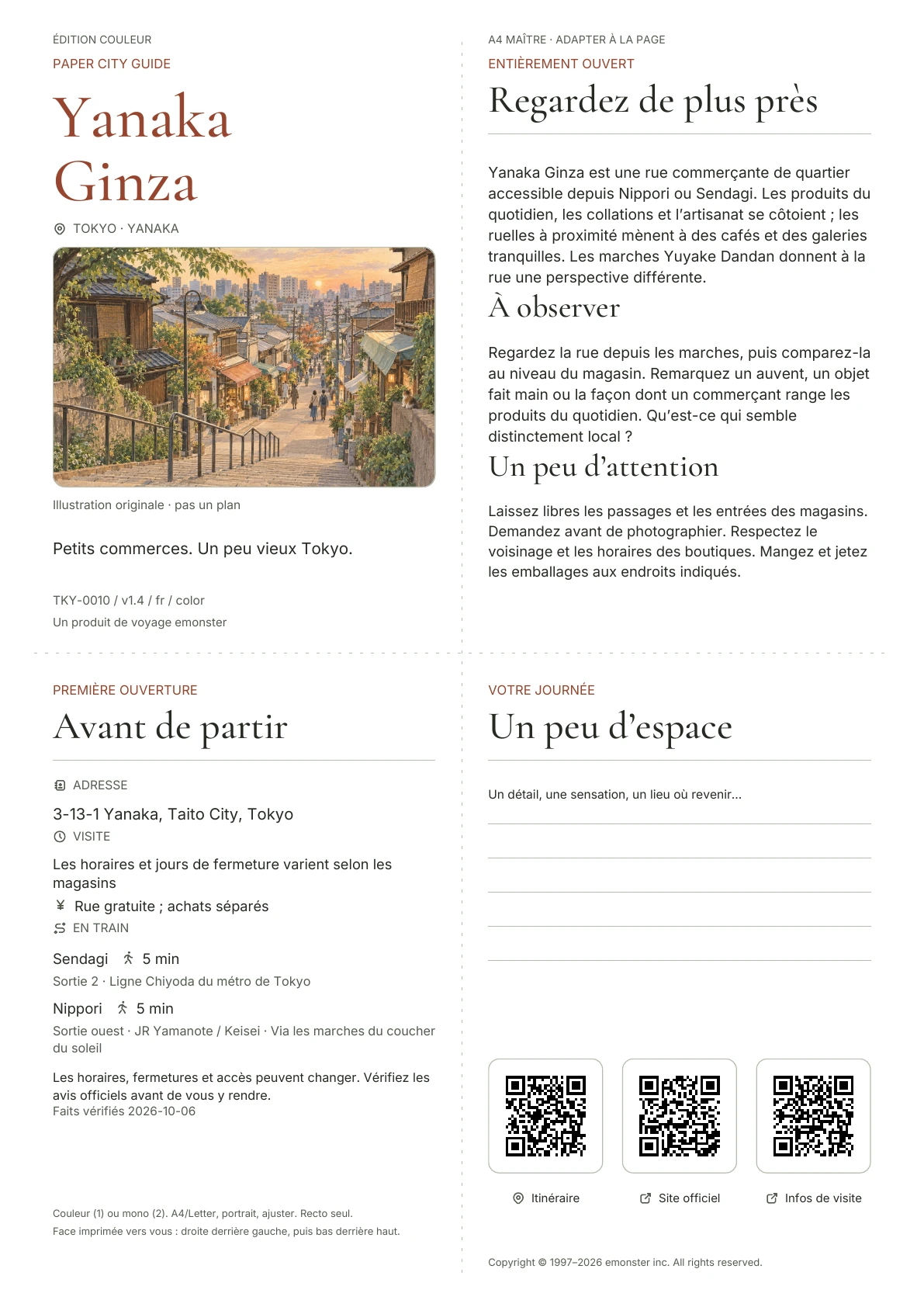Guide actuel A4 Yanaka Ginza, Édition couleur, avec couverture, informations aux visiteurs, observations, liens QR et espace d'écriture