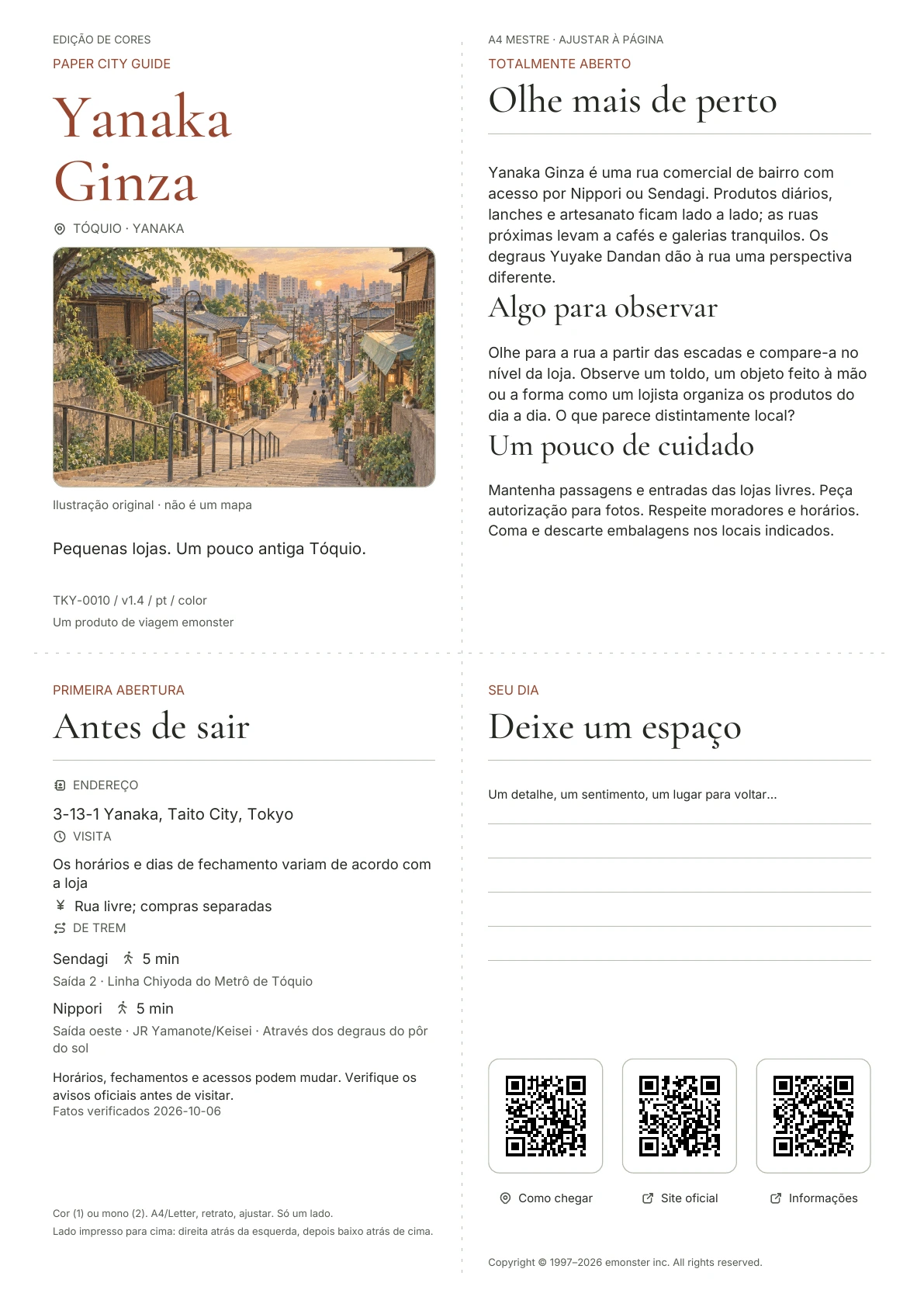 Guia real A4 Yanaka Ginza, Edição colorida, com capa, informações para o visitante, observações, links QR e espaço para escrita