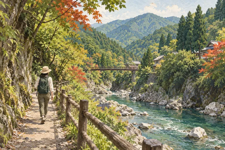 Originale Gouache-Illustration einer Wanderung durch das Akigawa-Tal; eine interpretative Darstellung, keine Navigationskarte.