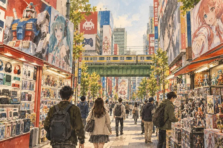 Original gouache illustration of Akihabara Electric Town Walk; an interpretive impression, not a navigation map.