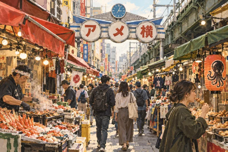 Original gouache illustration of Ameyoko Market Streets; an interpretive impression, not a navigation map.