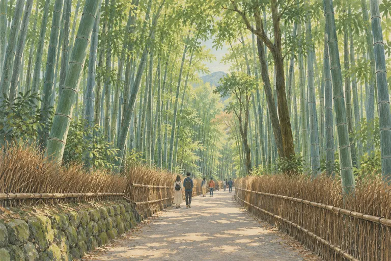 Illustration originale à la gouache de la bambouseraie d'Arashiyama ; une impression interprétative, et non une carte de navigation.