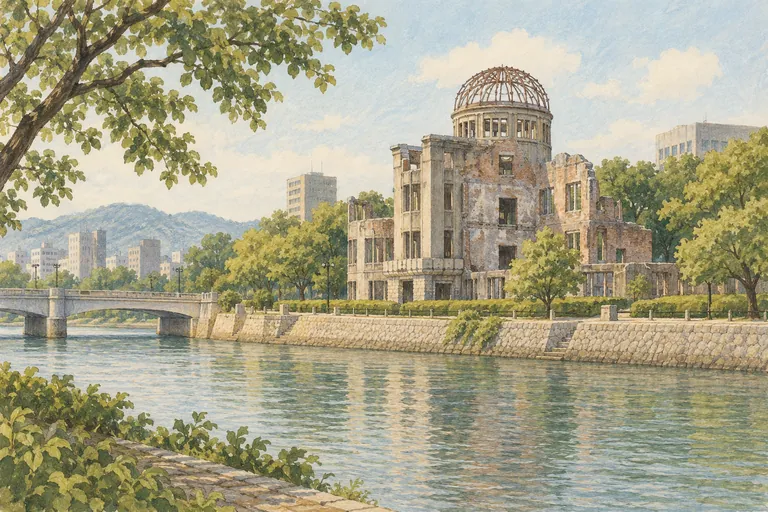 Illustration originale à la gouache du Dôme de la Bombe Atomique ; une impression interprétative, et non une carte de navigation.
