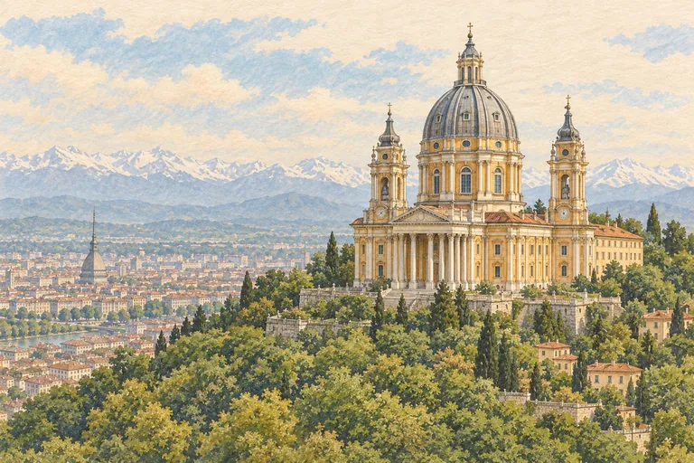 Originale Gouache-Illustration der Basilika von Superga; eine interpretative Darstellung, keine Navigationskarte.