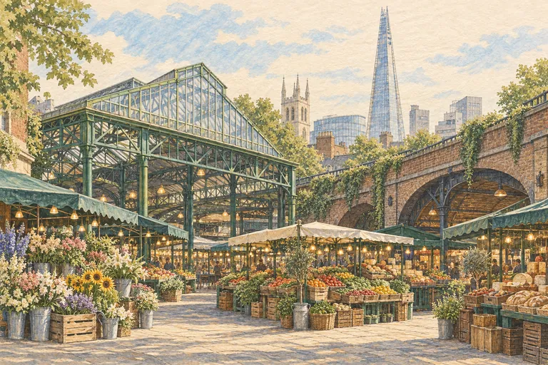 Original gouache illustration of Borough Market; an interpretive impression, not a navigation map.