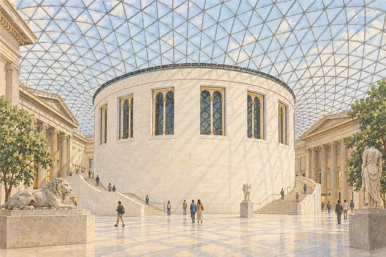 Illustrazione originale a guazzo del British Museum; si tratta di un'interpretazione visiva, non di una carta nautica.