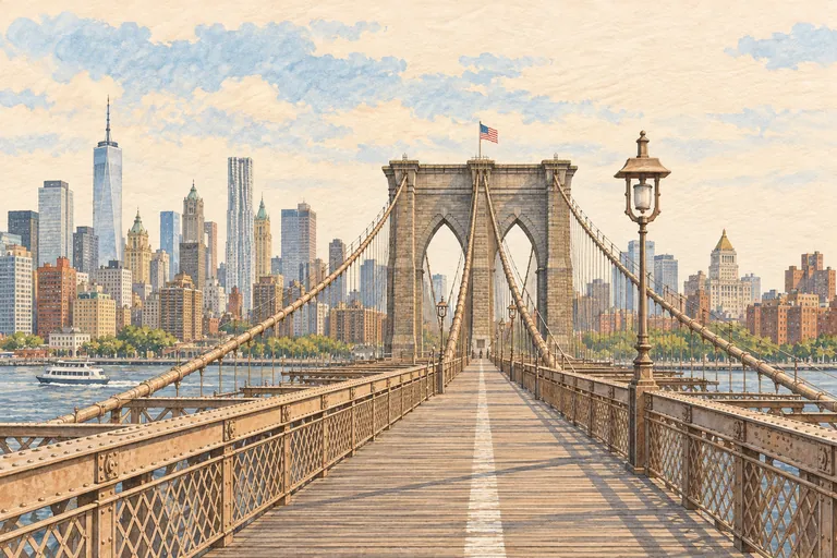 Original gouache illustration of Brooklyn Bridge; an interpretive impression, not a navigation map.