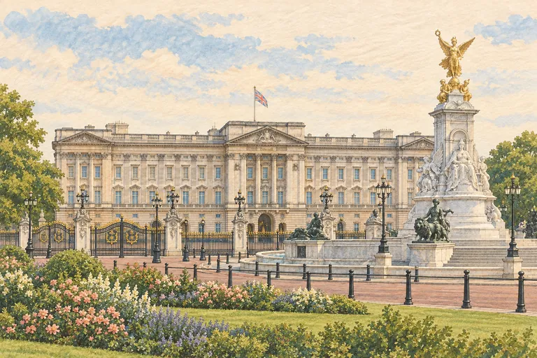 Illustrazione originale a guazzo di Buckingham Palace; un'interpretazione figurativa, non una carta nautica.