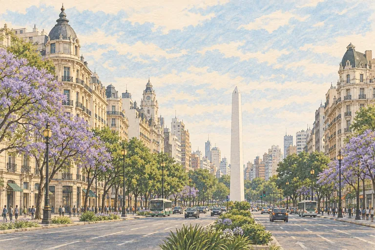 Illustration originale de Buenos Aires dans le style graphique partagé du guide Paper City Guide.