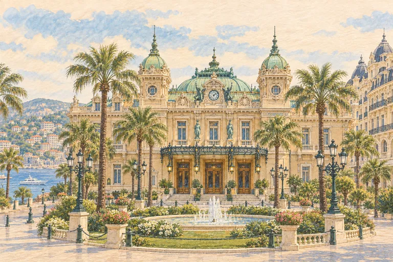 モンテカルロ・カジノのオリジナル・グワッシュ画。解釈的な印象を描いたものであり、航海図ではありません。