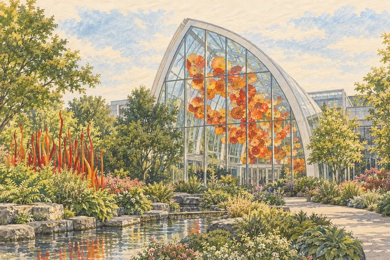 Illustrazione originale a guazzo di "Giardino e Vetro" di Chihuly; un'interpretazione figurativa, non una mappa di navigazione.