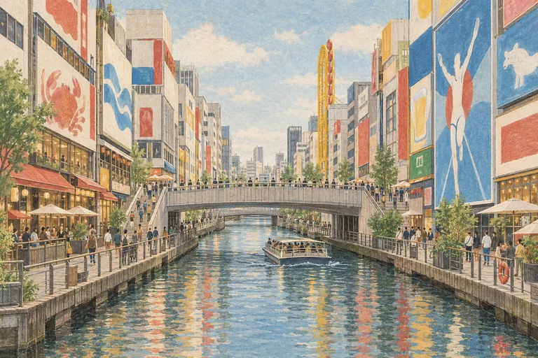 Illustration originale à la gouache de Dotonbori ; une impression interprétative, et non une carte de navigation.