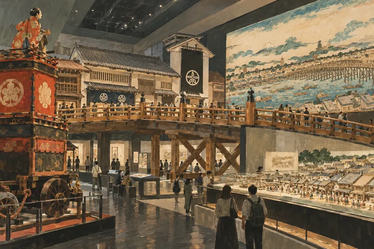 Original gouache illustration of Edo-Tokyo Museum; an interpretive impression, not a navigation map.