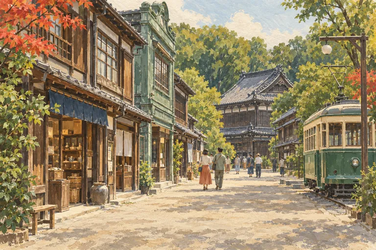 Original-Gouacheillustration: Historische Ladenfronten, Ziegeldächer und alte Straßenbahn.