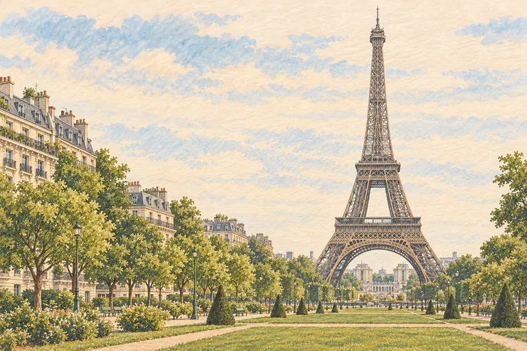 Ilustração original em guache da Torre Eiffel; uma interpretação, não um mapa de navegação.