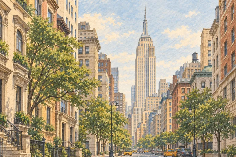 Original gouache illustration of Empire State Building; an interpretive impression, not a navigation map.