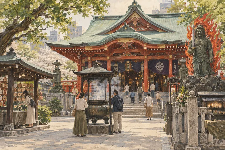 Illustrazione originale a guazzo del Fukagawa Fudo-do; un'interpretazione figurativa, non una mappa di navigazione.