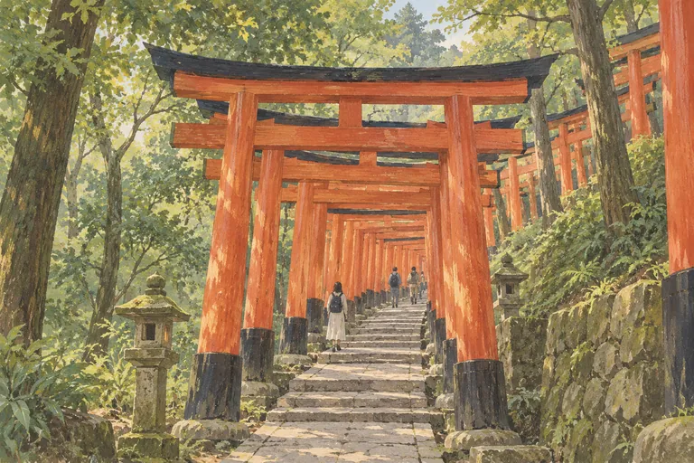 Illustration originale à la gouache du Fushimi Inari Taisha ; une impression interprétative, et non une carte de navigation.
