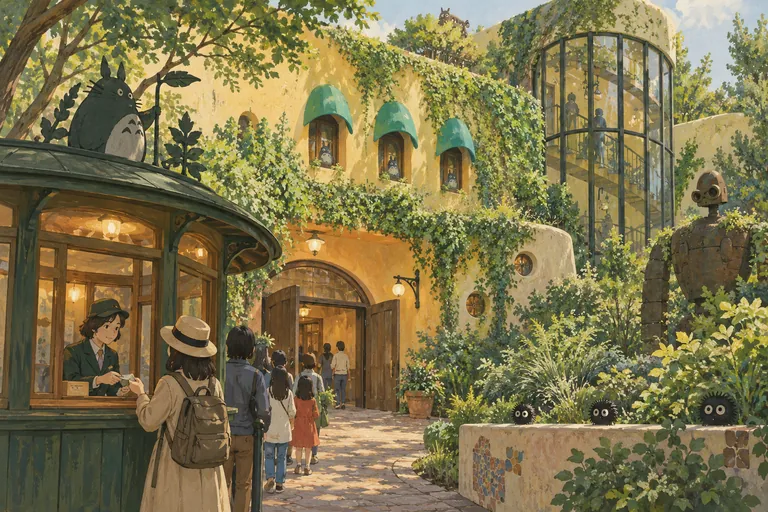 Illustration originale à la gouache du musée Ghibli de Mitaka ; une impression interprétative, et non une carte de navigation.