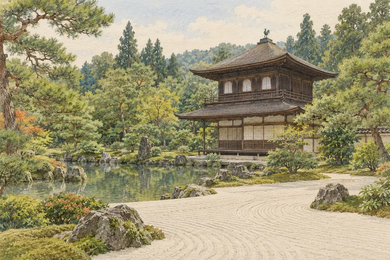 Illustration originale à la gouache du Ginkaku-ji ; une impression interprétative, et non une carte de navigation.