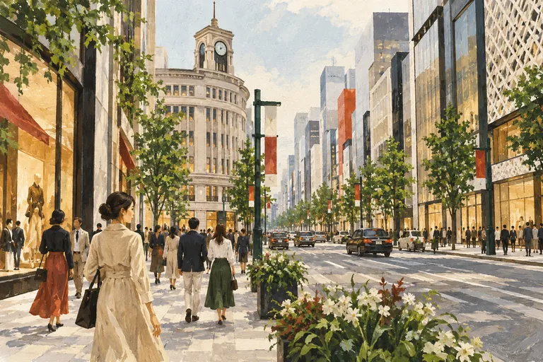 Illustrazione originale a guazzo della passeggiata Ginza Chuo-dori; un'interpretazione figurativa, non una mappa di navigazione.